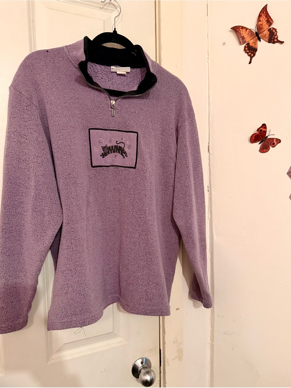 Vintage Black Cat Half-Zip Fleece Pullover Sweater